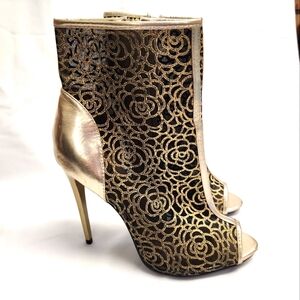 Fahrenheit FRH Women's 9M Gold/Black Floral Patterned Ankle High Heels Booties